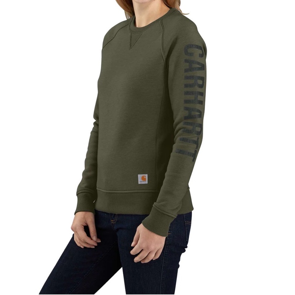 WOMEN'S RELAXED FIT MIDWEIGHT CREWNECK BLOCK LOGO SLEEVE GRAPHIC SWEATSHIRT